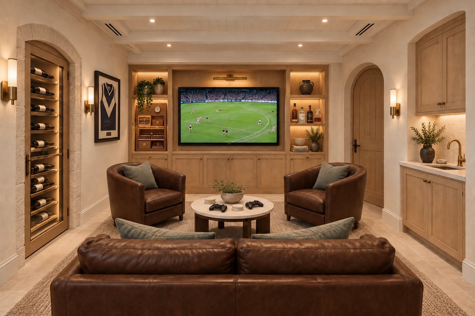 The optional Cellar Lounge, with leather armchairs, oak media cabinetry, a wine display and an arched door. Architectural visualisation.