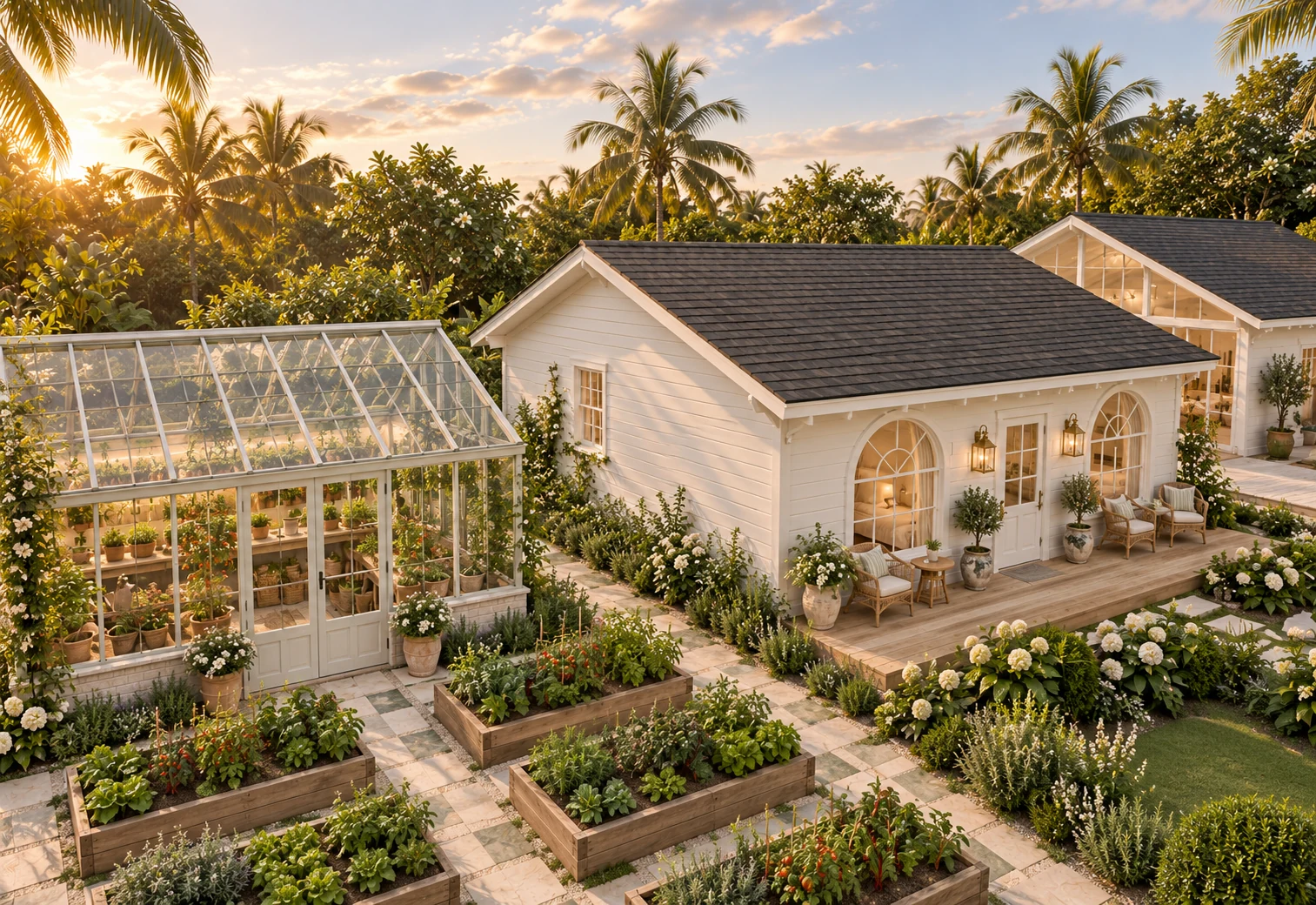 The guest cottage, glasshouse and growing beds · architectural visualisation
