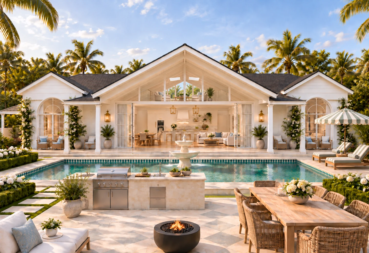 The Rizière homestead opening onto the pool, garden and outdoor dining terrace. Architectural visualisation.